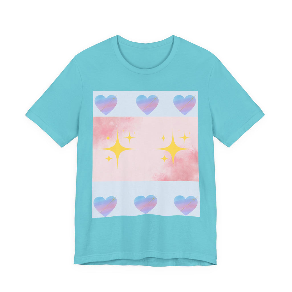 Vibrant Graphic Tee with Colorful Hearts and Stars, Casual T-Shirt, Pride Apparel, Birthday Gift, Everyday Wear, Summer Style