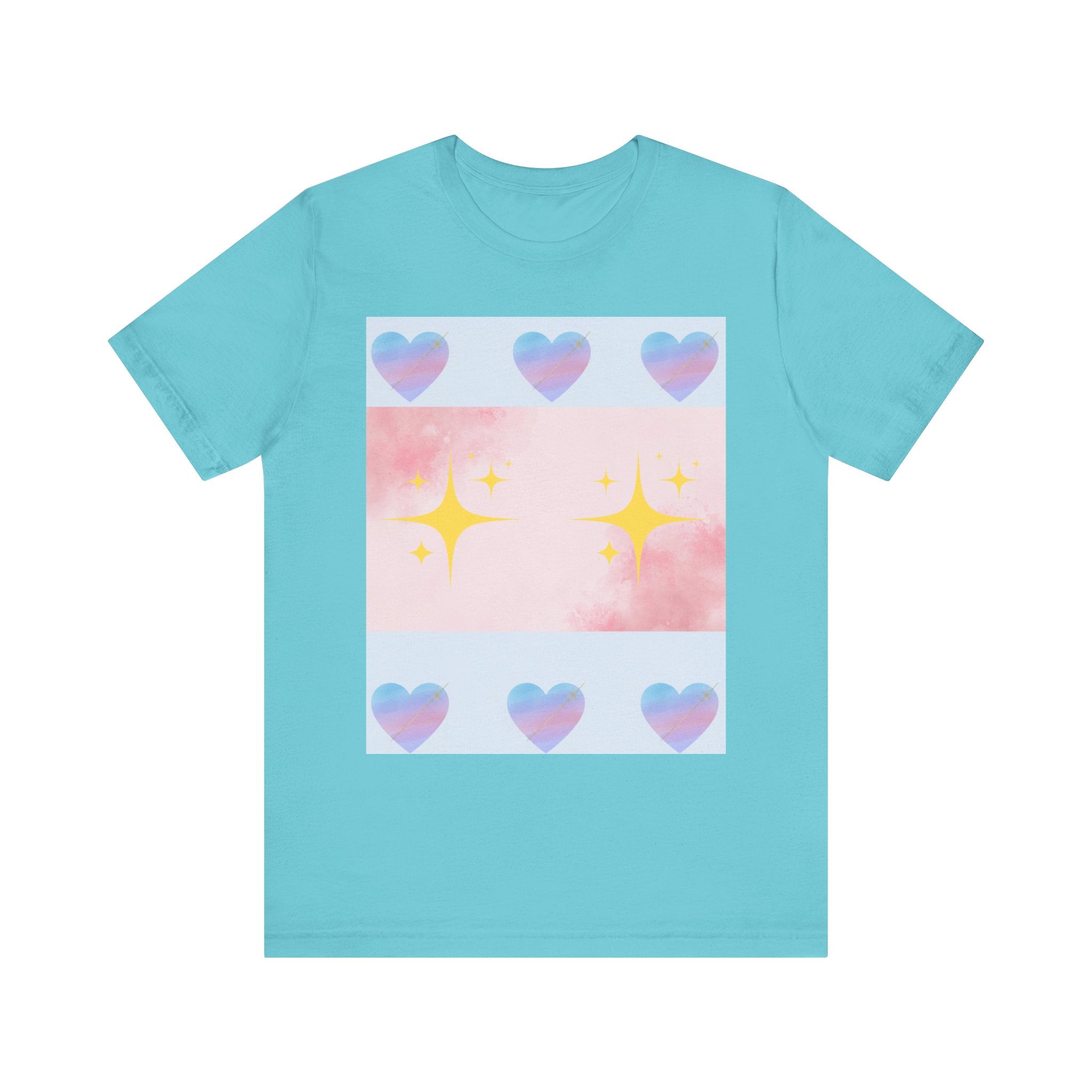 Vibrant Graphic Tee with Colorful Hearts and Stars, Casual T-Shirt, Pride Apparel, Birthday Gift, Everyday Wear, Summer Style