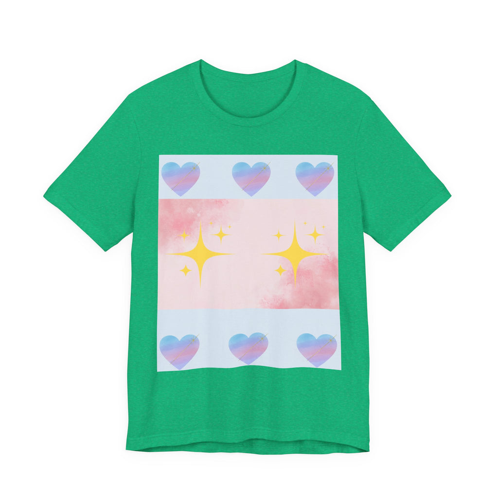 Vibrant Graphic Tee with Colorful Hearts and Stars, Casual T-Shirt, Pride Apparel, Birthday Gift, Everyday Wear, Summer Style