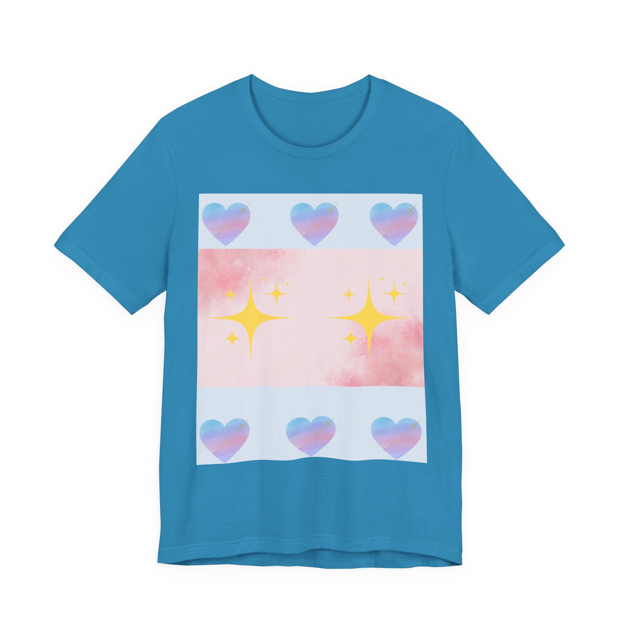 Vibrant Graphic Tee with Colorful Hearts and Stars, Casual T-Shirt, Pride Apparel, Birthday Gift, Everyday Wear, Summer Style