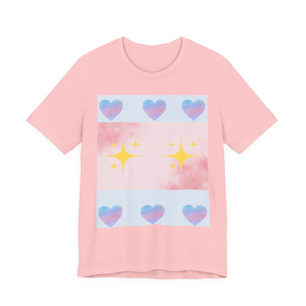 Vibrant Graphic Tee with Colorful Hearts and Stars, Casual T-Shirt, Pride Apparel, Birthday Gift, Everyday Wear, Summer Style